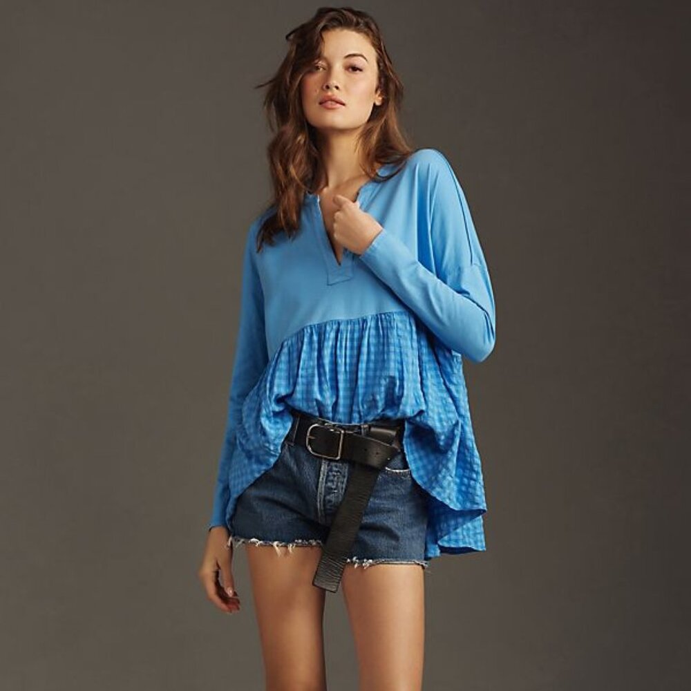 Anthropologie Pilcro Long-Sleeve Babydoll Blouse gingham top new nwt